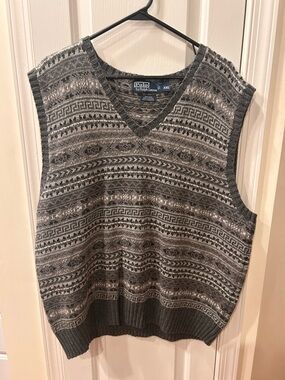 Polo by Ralph Lauren Gray and Charcoal Patterned V-Neck Sweater Vest